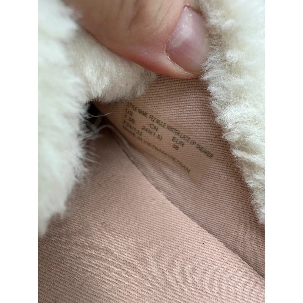 Kate Spade Fez Mule Winter Lace Up Sneaker White Leather‎ Faux Fur Trim 7.5B
